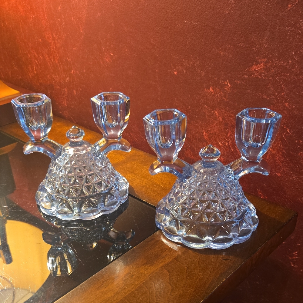 VINTAGE BLUE QUILTED BELL DEPRESSION GLASS CANDELABRA DOUBLE CANDLE HOLDERS